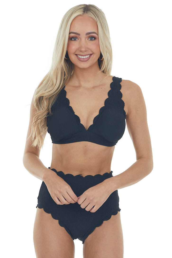 Black Textured Scalloped High Waisted Bikini