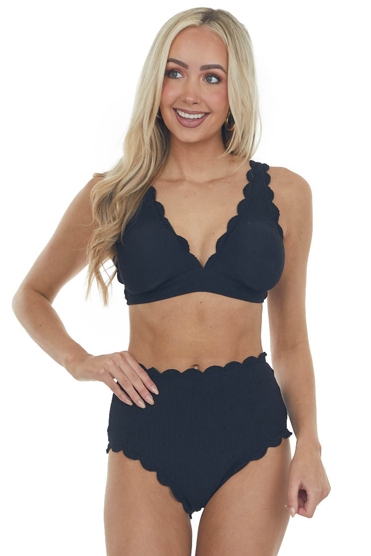 Black Textured Scalloped High Waisted Bikini
