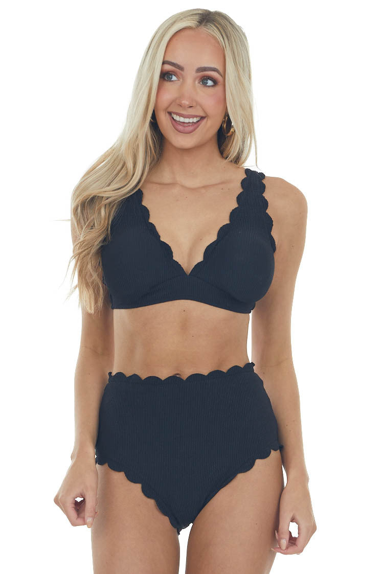 Black Textured Scalloped High Waisted Bikini