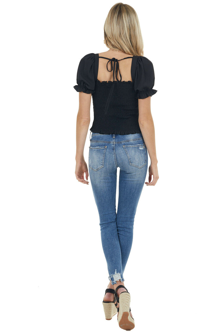 Black Textured Smocked Short Sleeve Top with Tie Detail