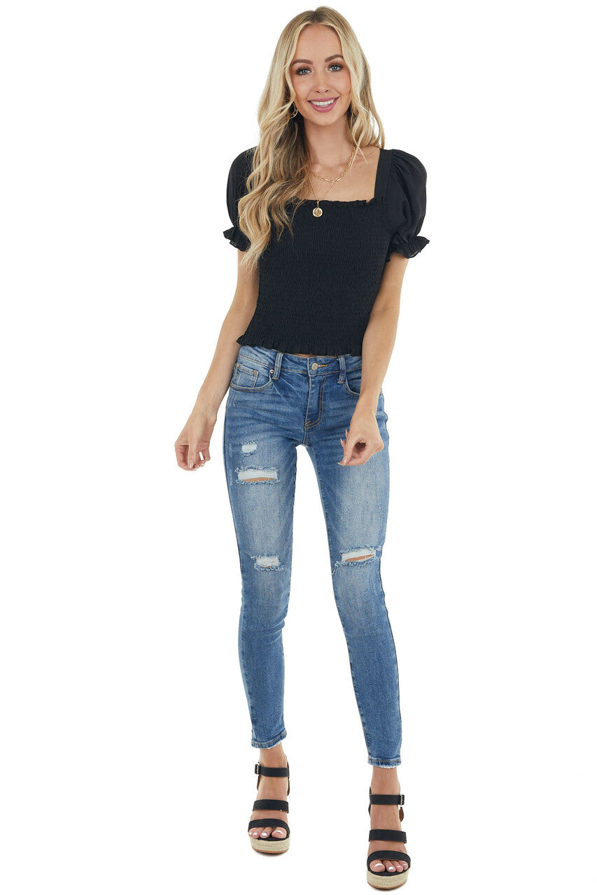 Black Textured Smocked Short Sleeve Top with Tie Detail