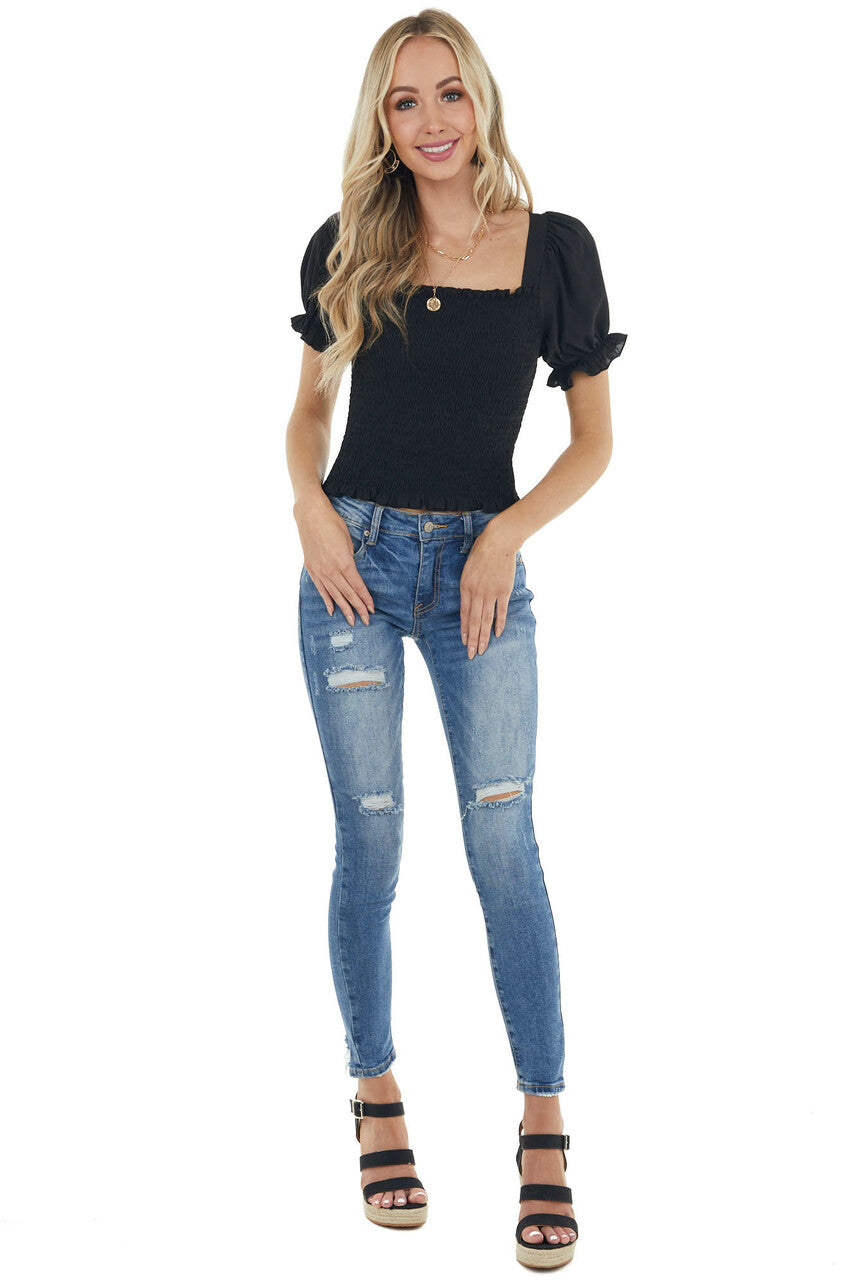 Black Textured Smocked Short Sleeve Top with Tie Detail