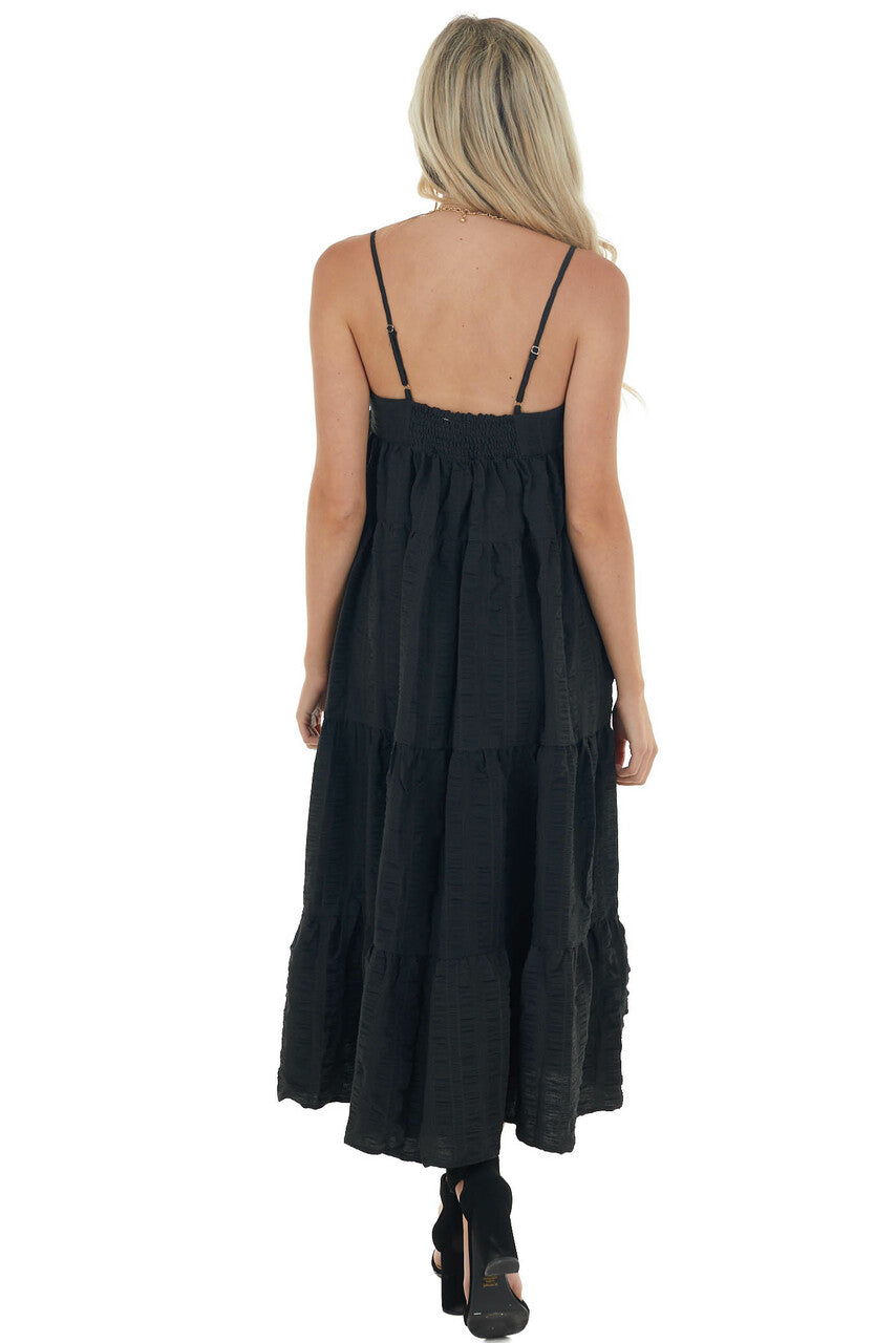 Black Textured Tiered Tent Midi Woven Dress