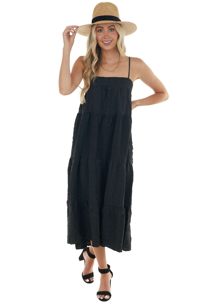 Black Textured Tiered Tent Midi Woven Dress