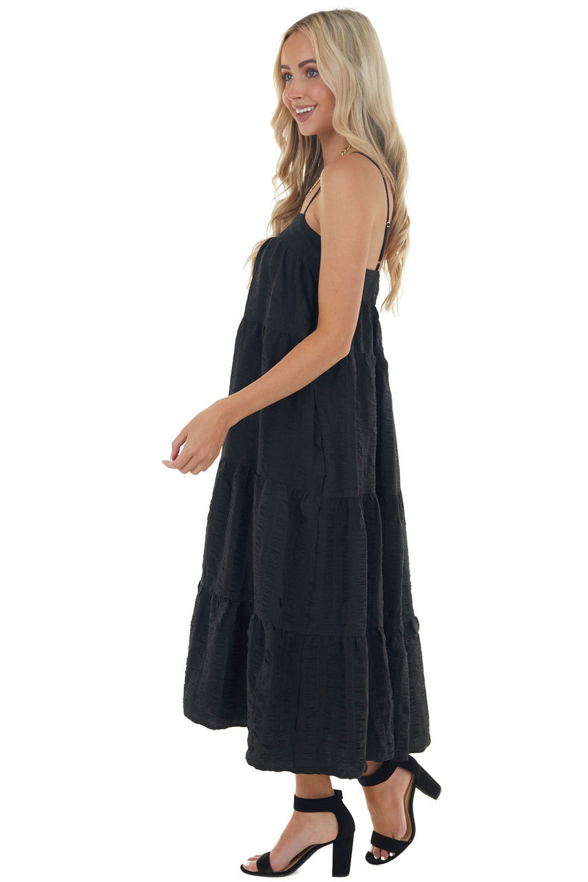 Black Textured Tiered Tent Midi Woven Dress