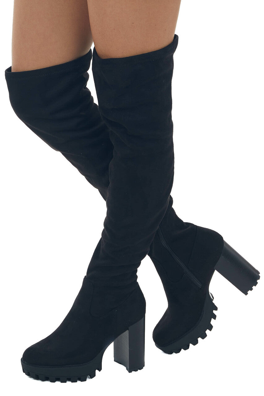 Black Thigh High Suede High Heel Lug Boots