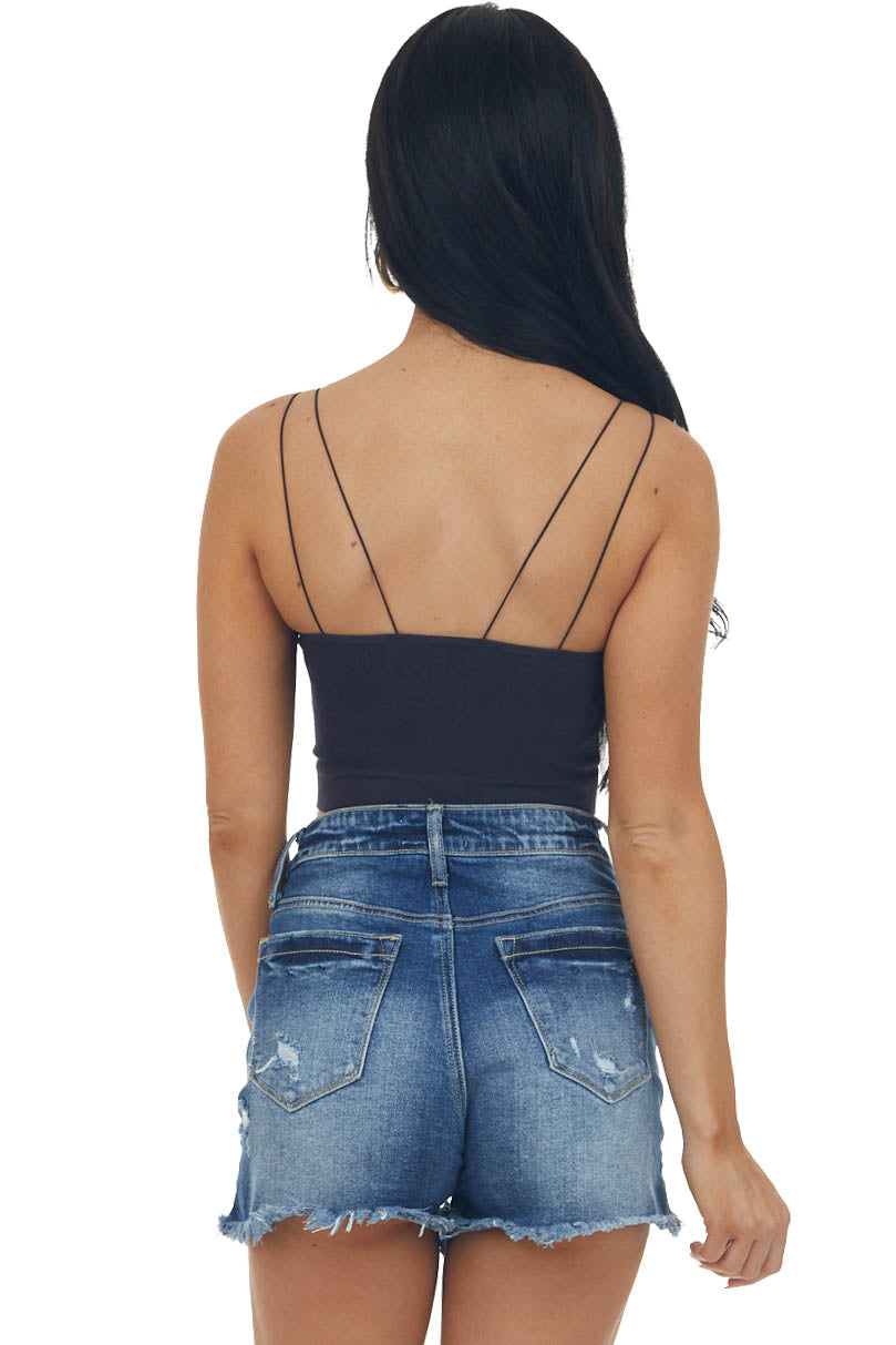 Black Thin Spaghetti Strap Ribbed Knit Brami