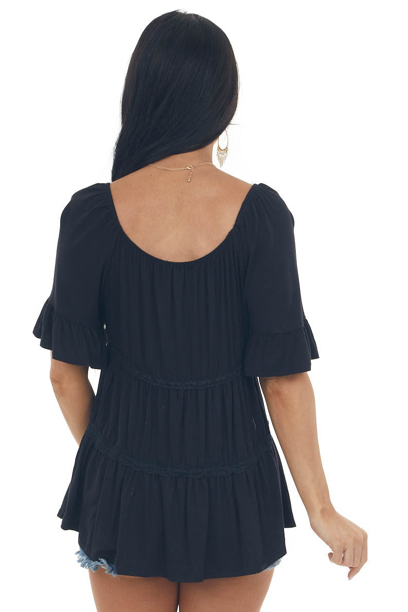 Black Tiered Lace Off Shoulder Knit Top 