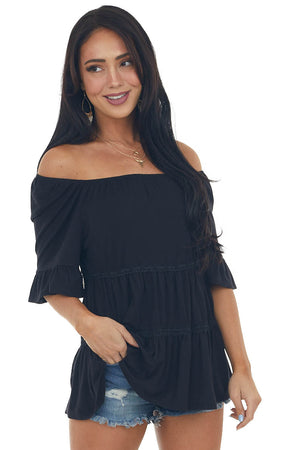 Black Tiered Lace Off Shoulder Knit Top 