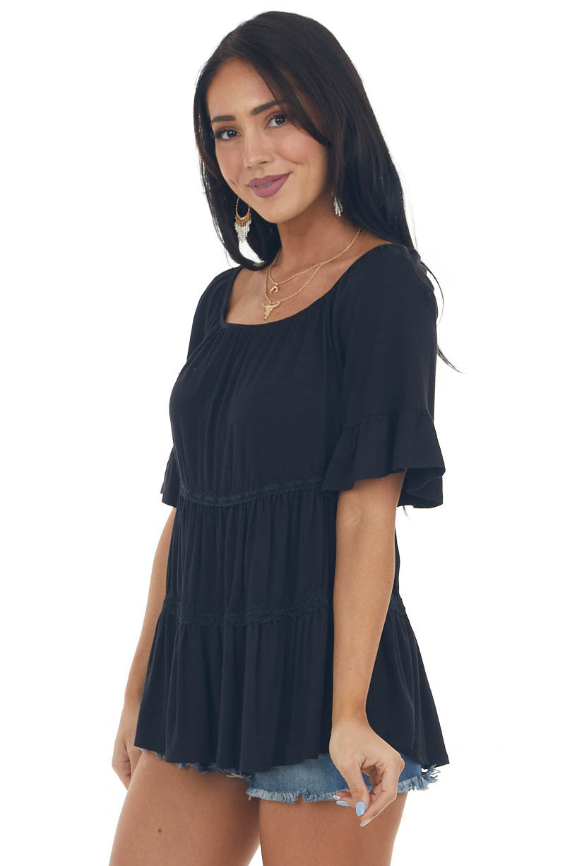 Black Tiered Lace Off Shoulder Knit Top 
