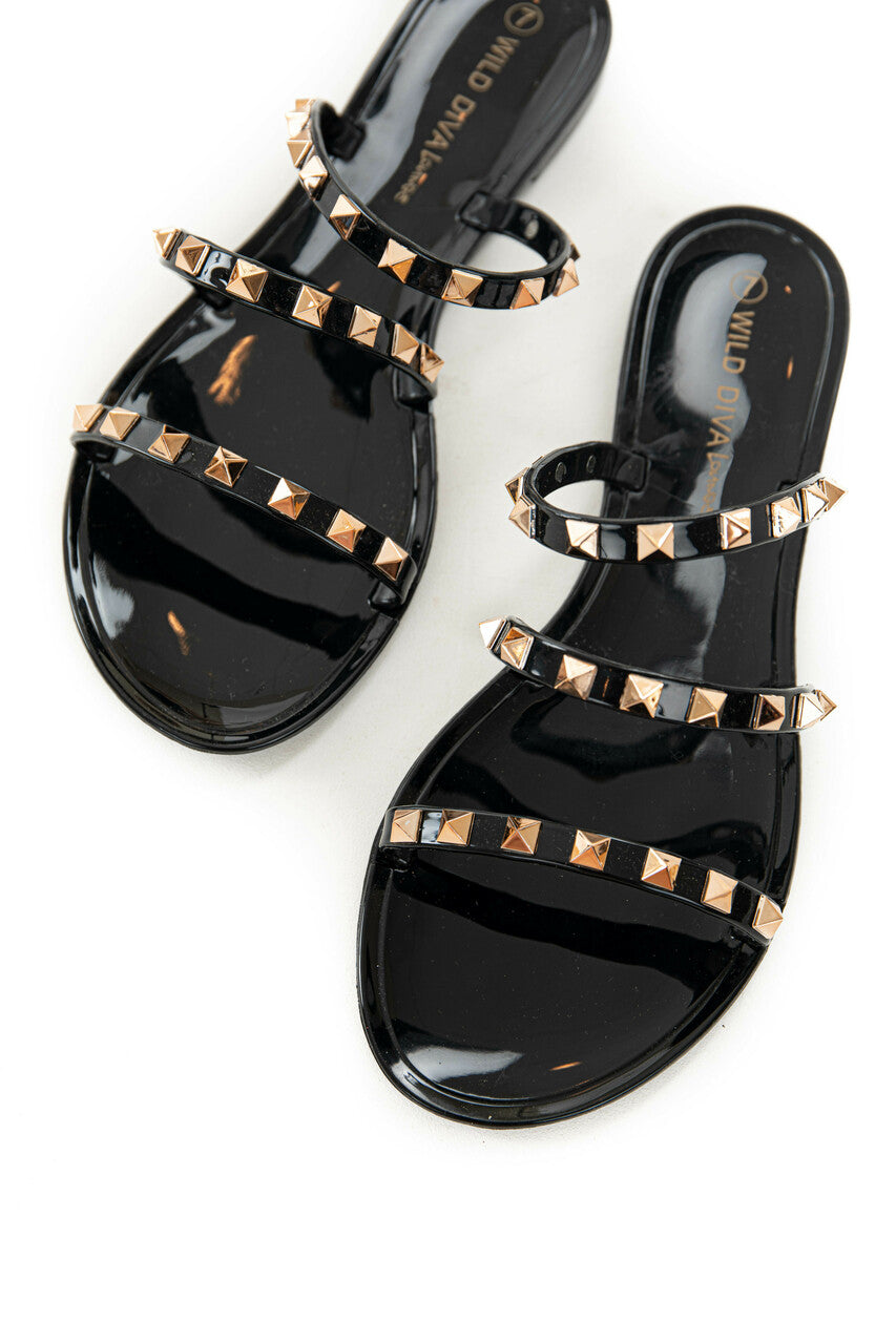 Black Triple Strap Gold Studded Jelly Sandals