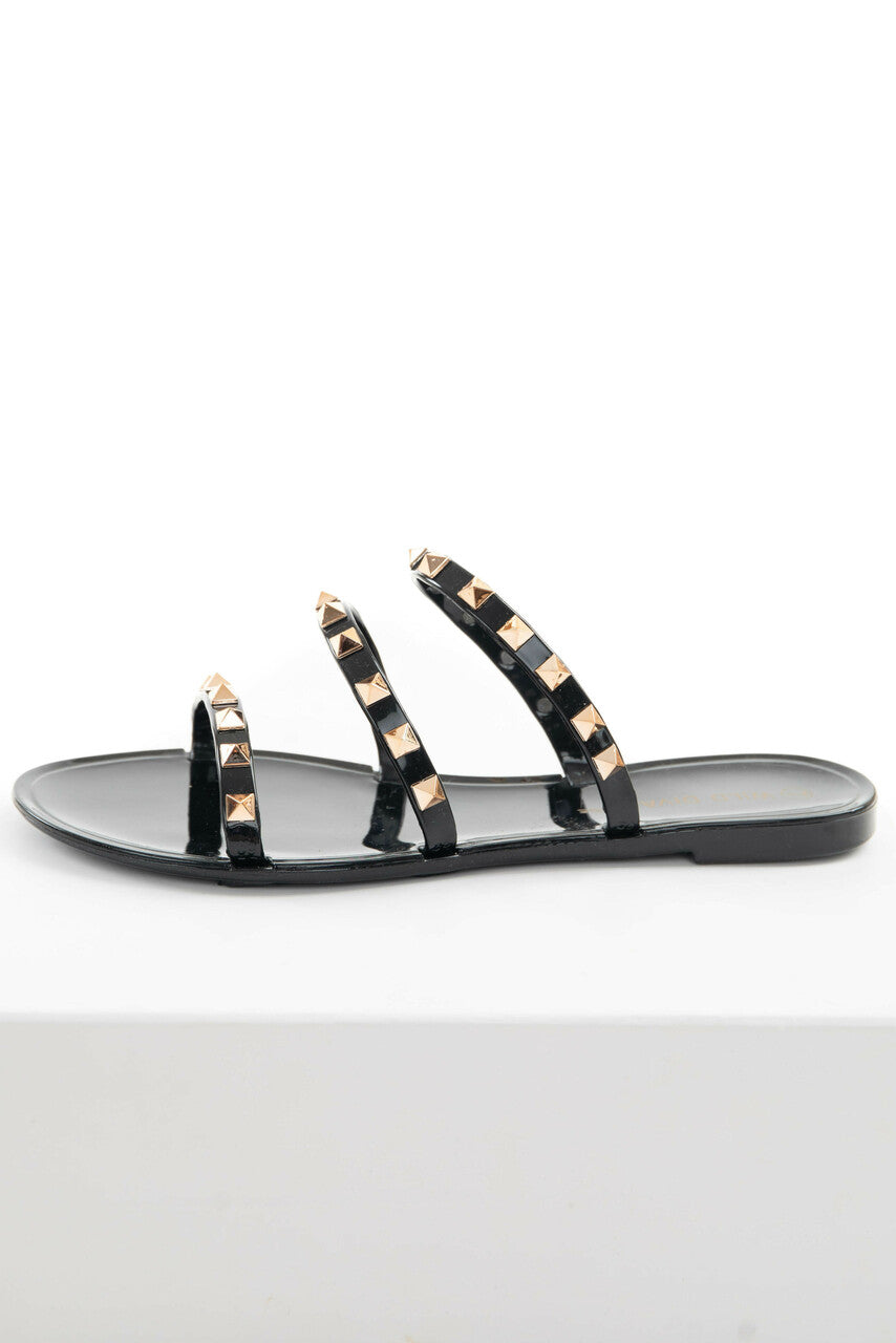 Black Triple Strap Gold Studded Jelly Sandals