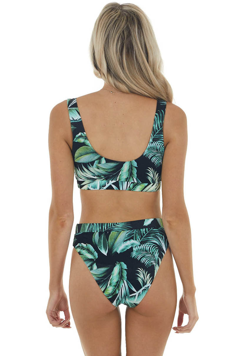 Black Tropical Print High Waisted Ribbed Knit Bikini Set