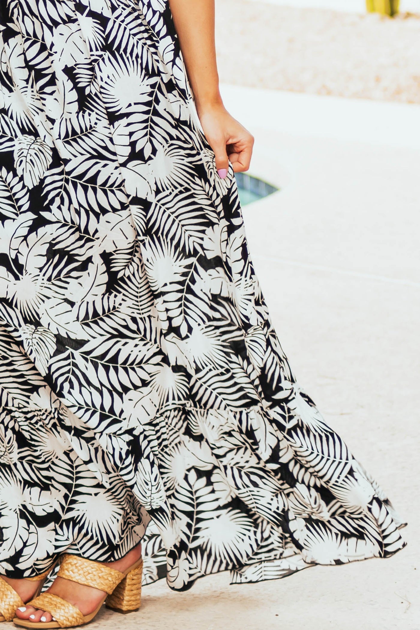 Black Tropical Print Strapless Smocked Maxi Dress