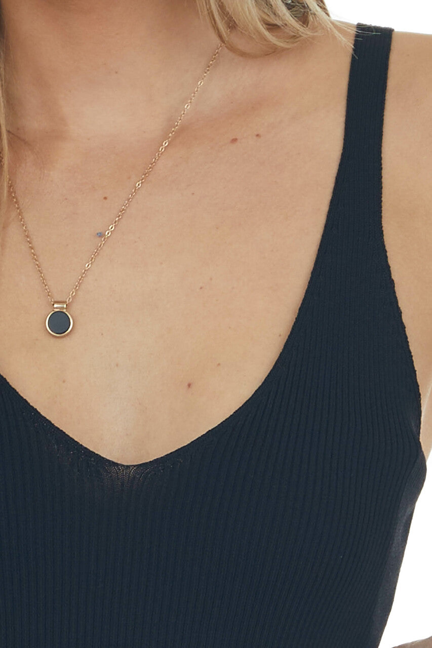 Black V Neck Lightweight Ribbed Knit Tank Top