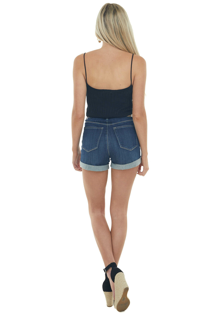 Black V Neck Ribbed Knit Cropped Tank Top