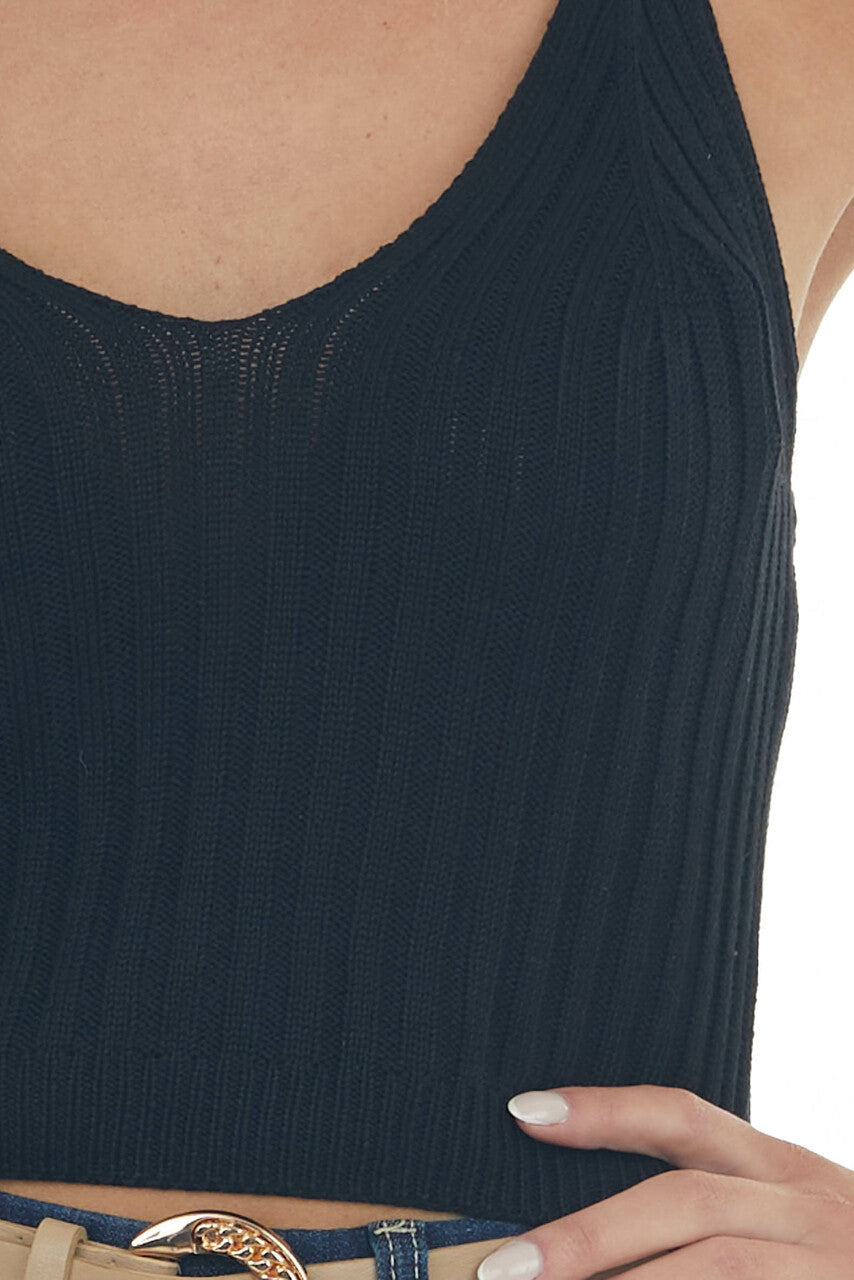 Black V Neck Ribbed Knit Cropped Tank Top