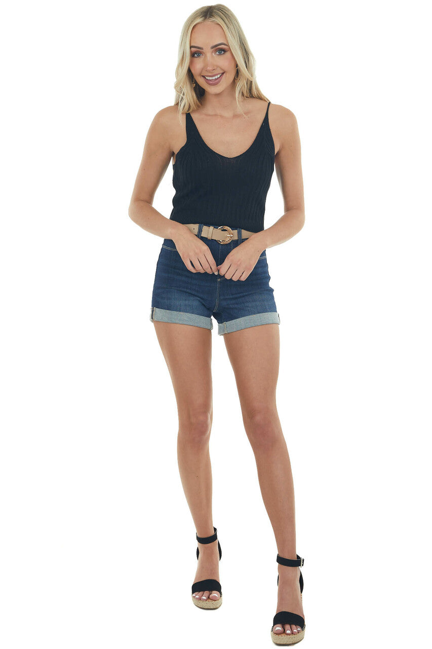 Black V Neck Ribbed Knit Cropped Tank Top