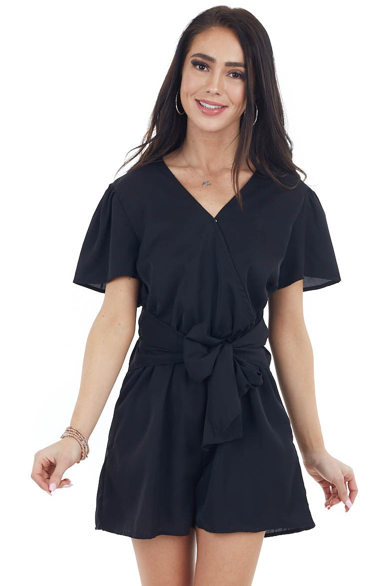Black V Neckline Short Sleeve Romper with Front Tie Detail 