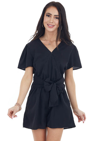 Black V Neckline Short Sleeve Romper with Front Tie Detail 