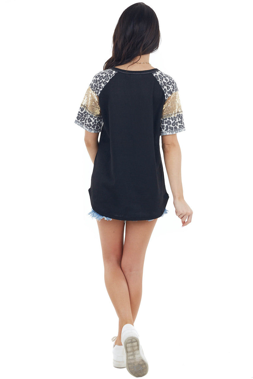 Black Waffle Knit Top with Leopard and Sequin Contrast 