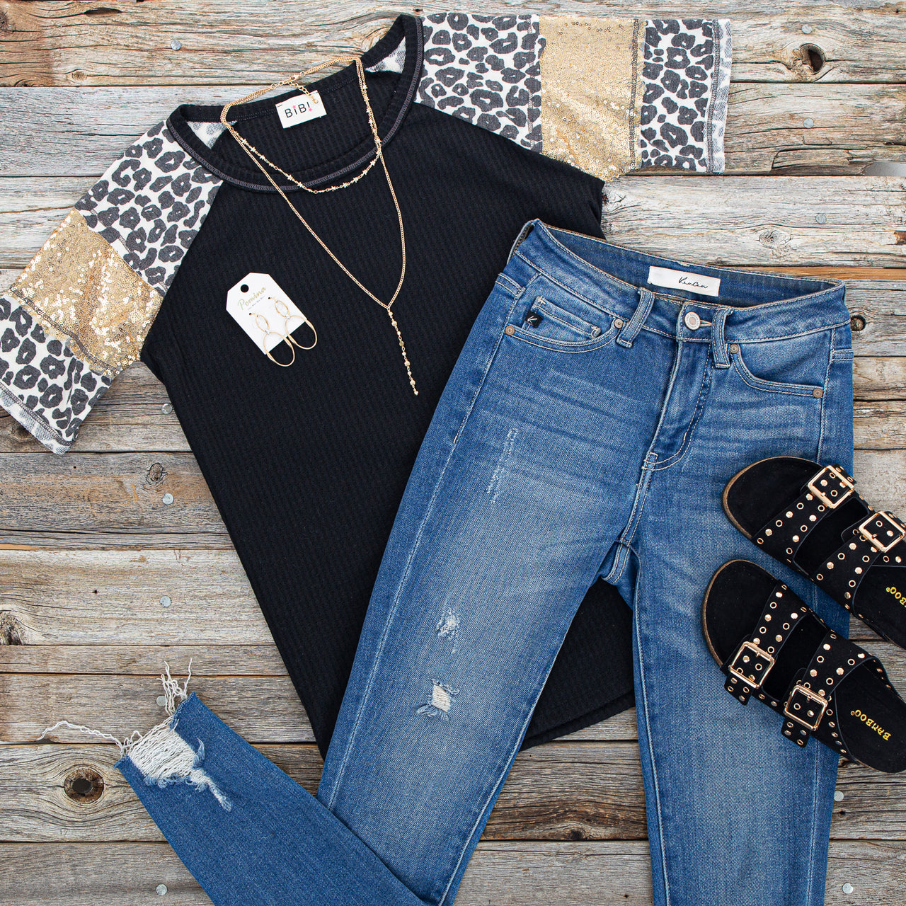 Black Waffle Knit Top with Leopard and Sequin Contrast 