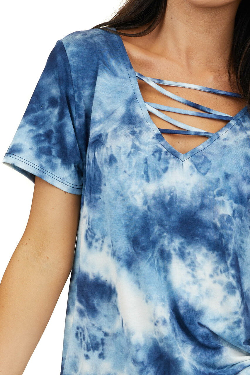 Blue Tie Dye Short Sleeve Knit Top with Cutout Details 