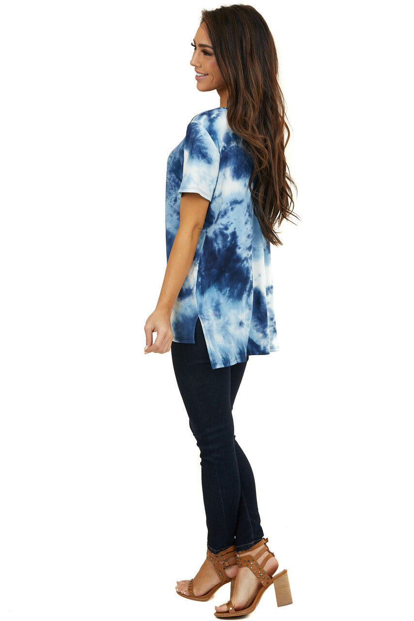 Blue Tie Dye Short Sleeve Knit Top with Cutout Details 