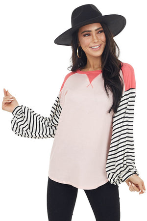 Blush and Coral V Stitch Knit Top with Striped Puff Sleeves