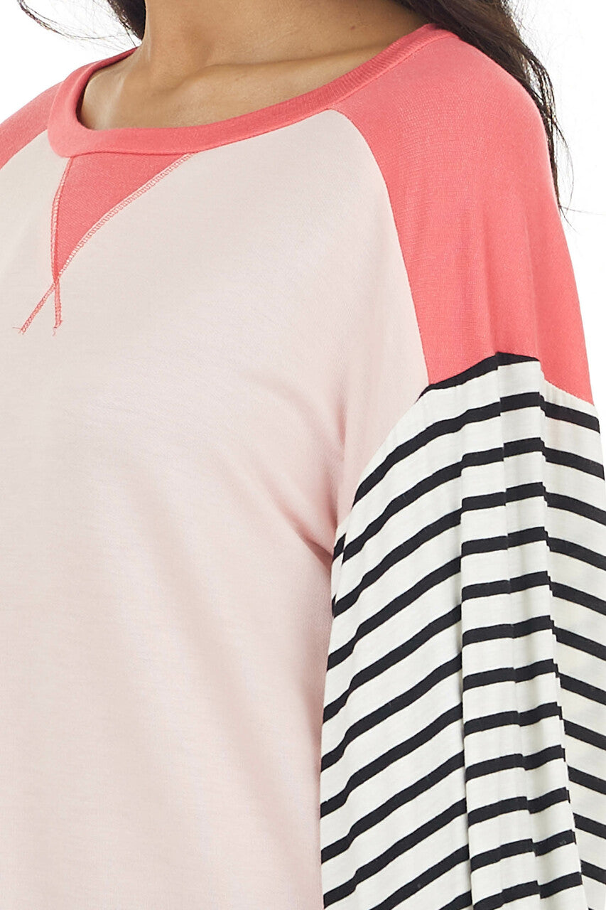 Blush and Coral V Stitch Knit Top with Striped Puff Sleeves