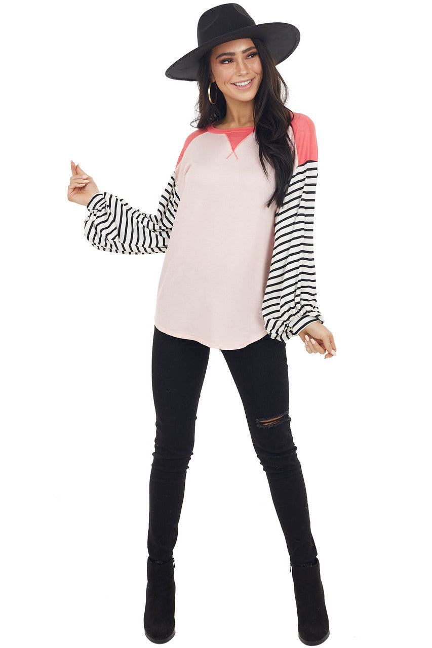 Blush and Coral V Stitch Knit Top with Striped Puff Sleeves