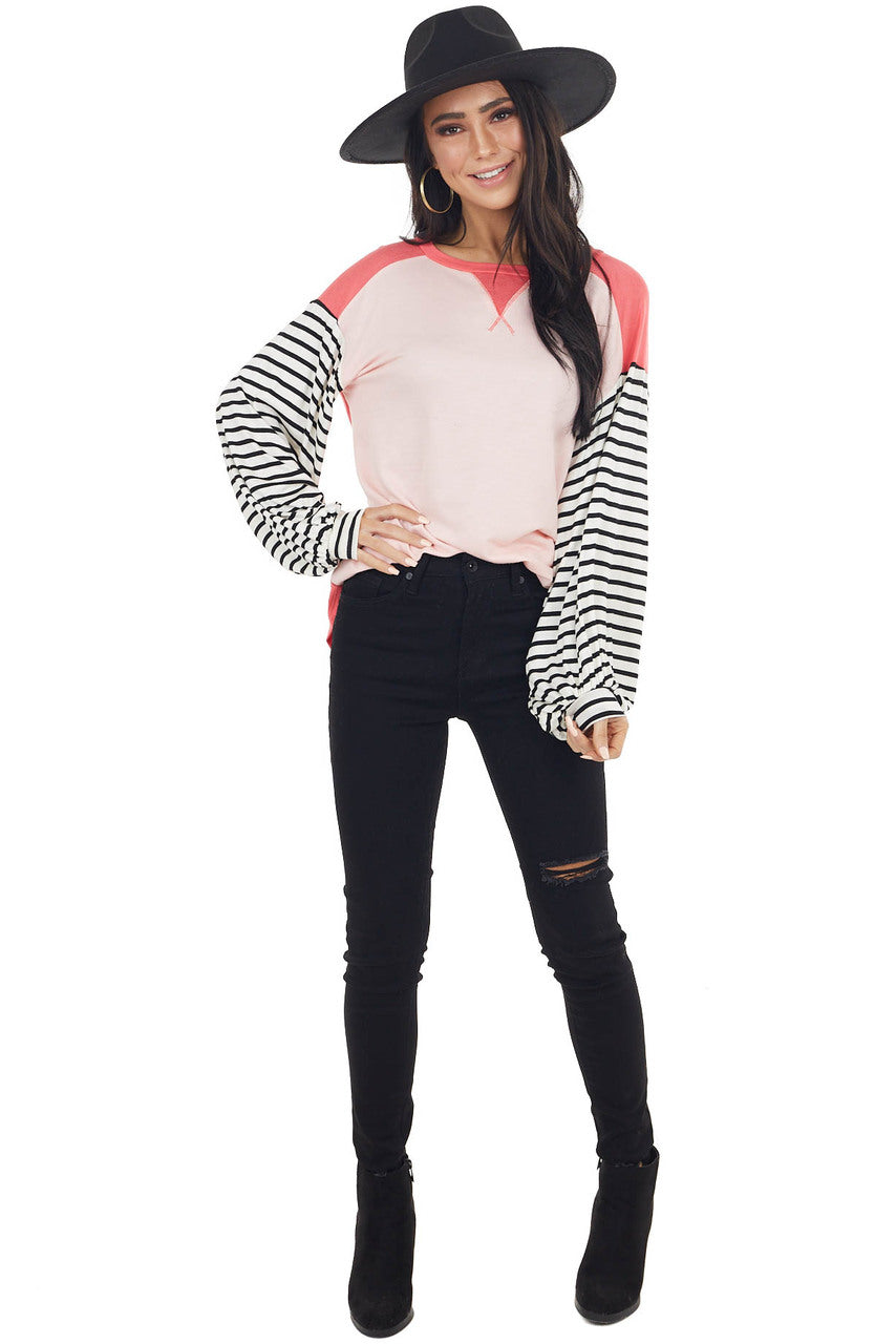 Blush and Coral V Stitch Knit Top with Striped Puff Sleeves