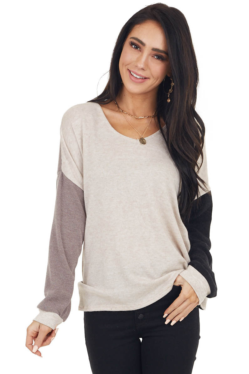 Blush Black and Taupe Colorblock Top with Back Twist Detail 