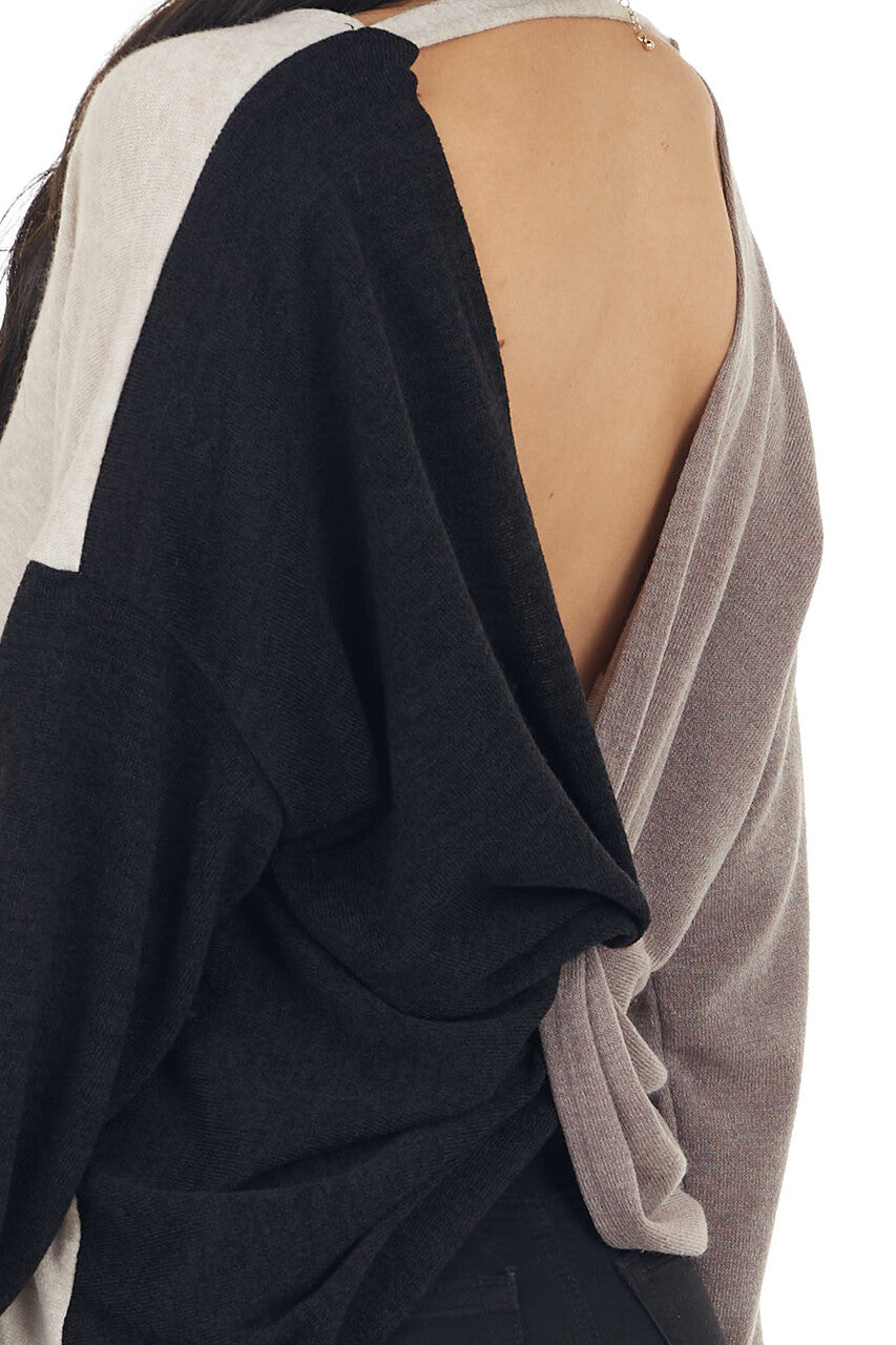 Blush Black and Taupe Colorblock Top with Back Twist Detail 