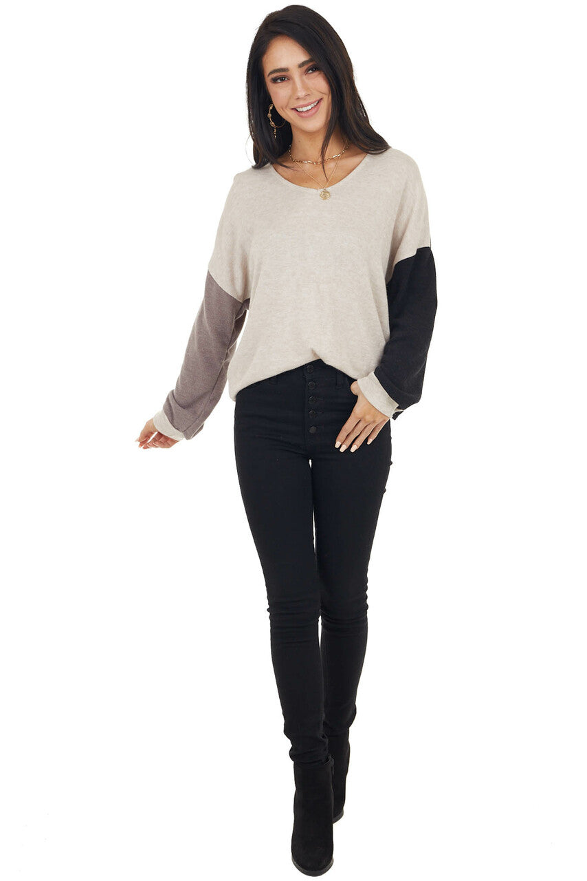 Blush Black and Taupe Colorblock Top with Back Twist Detail 