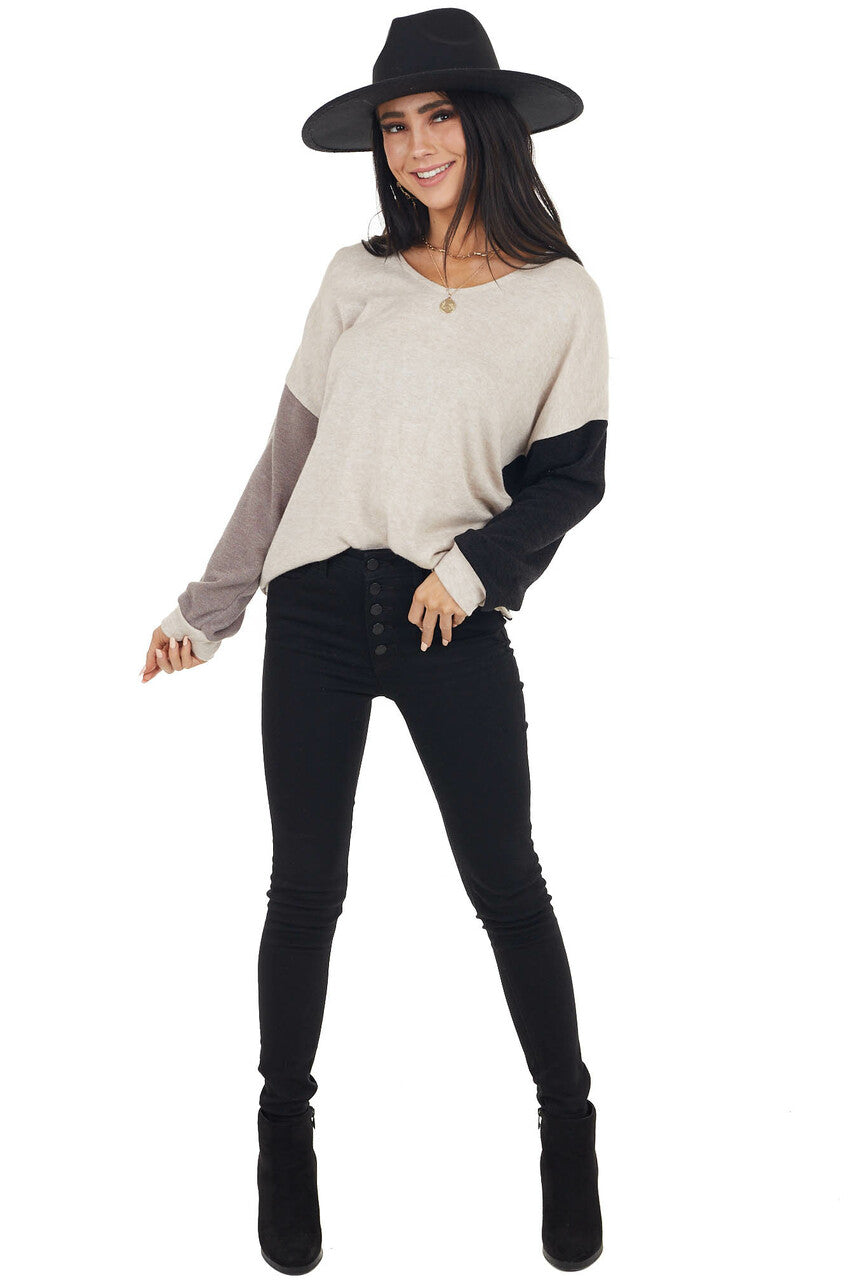 Blush Black and Taupe Colorblock Top with Back Twist Detail 