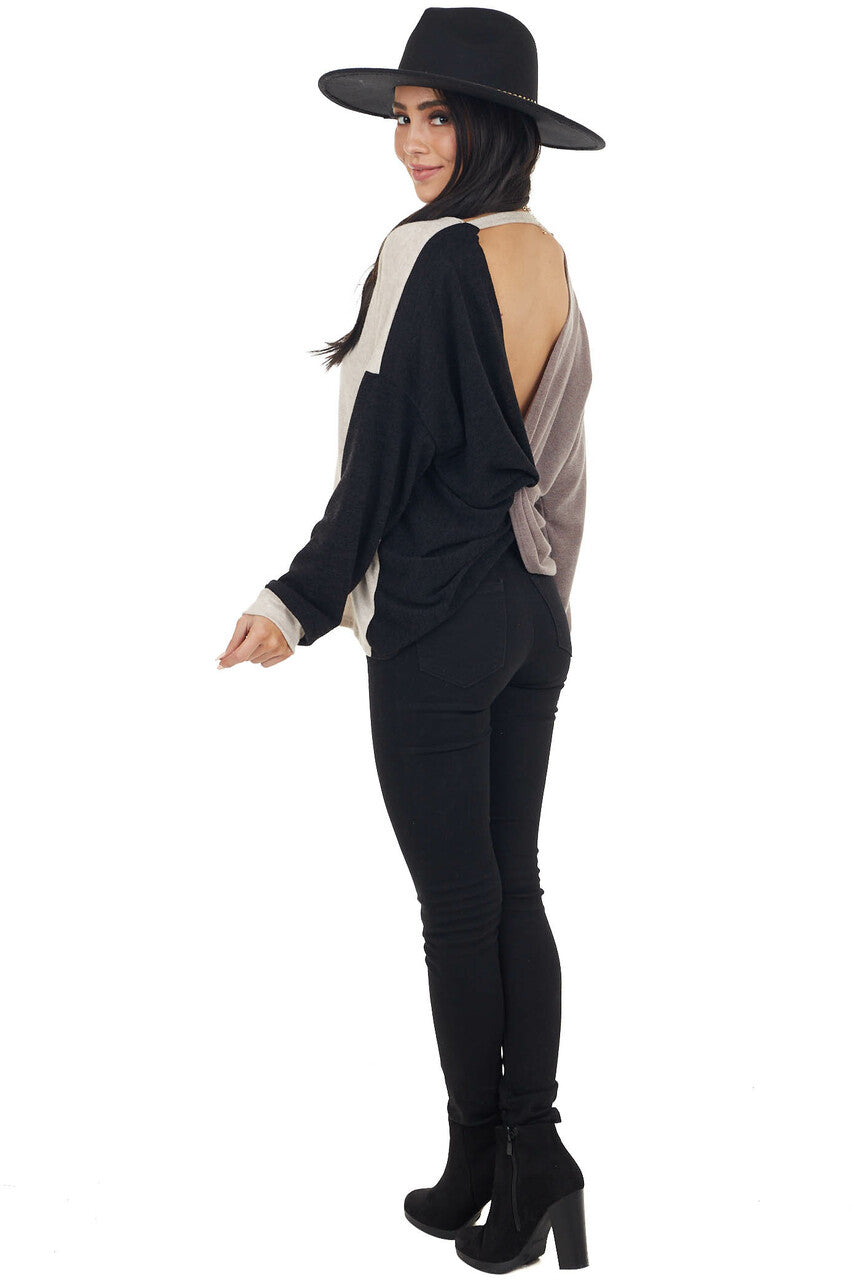 Blush Black and Taupe Colorblock Top with Back Twist Detail 
