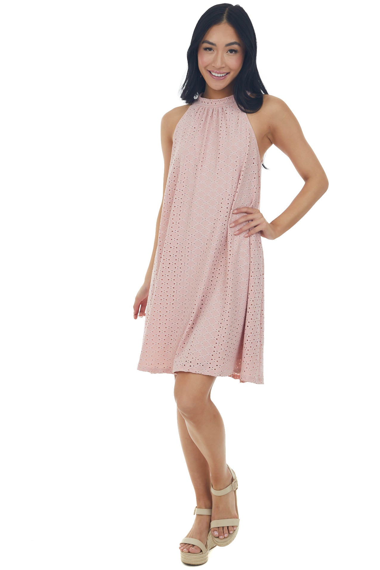 Blush Eyelet Knit Halter Neckline Short Dress