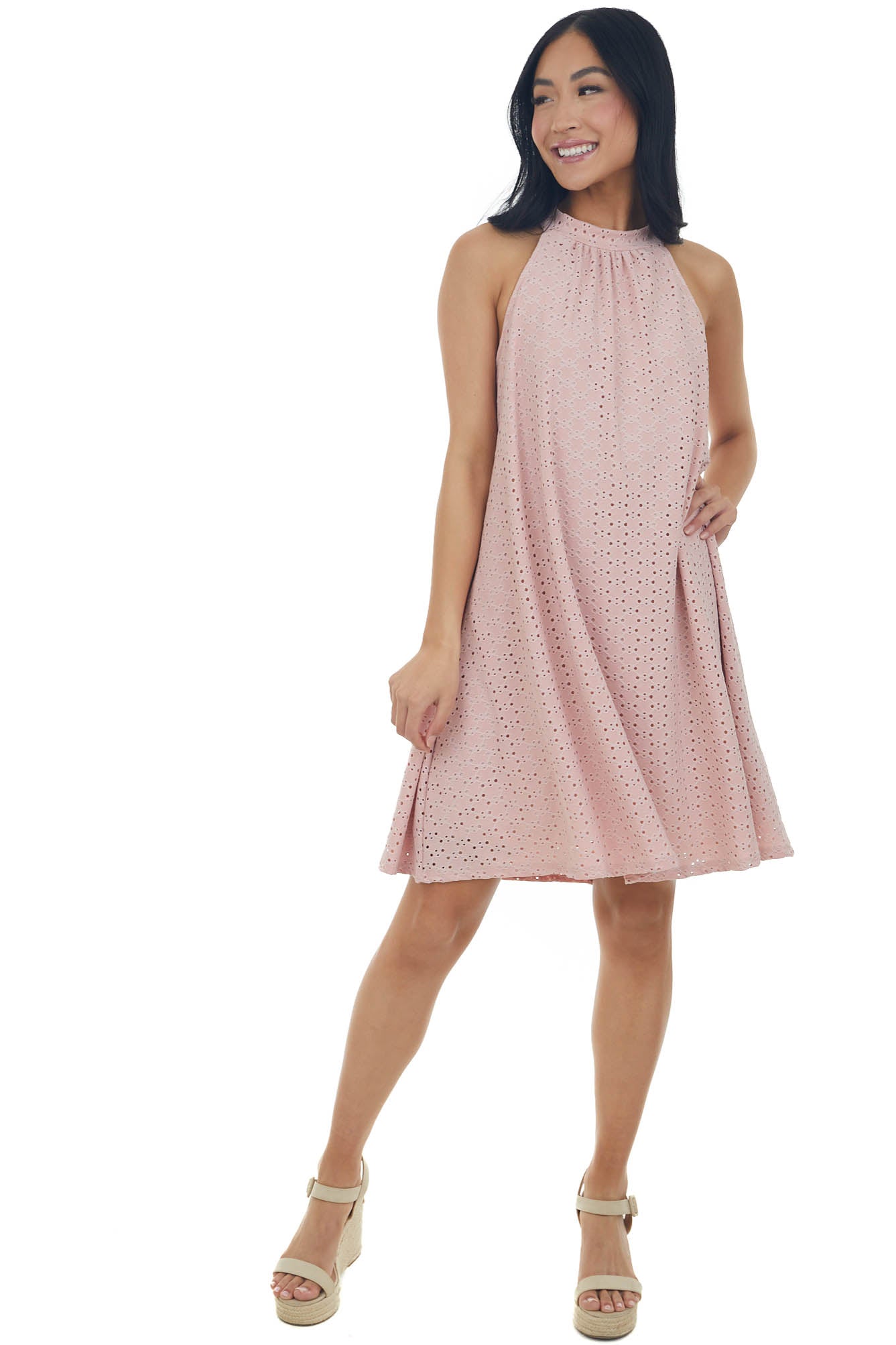 Blush Eyelet Knit Halter Neckline Short Dress