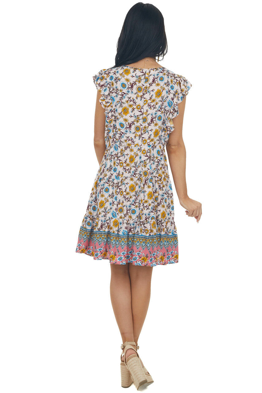 Blush Floral Print V Neck Tiered Short Dress