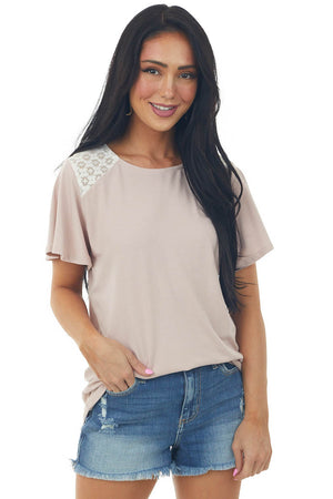 Blush Flutter Sleeve Knit Top with Contrast Lace Detail