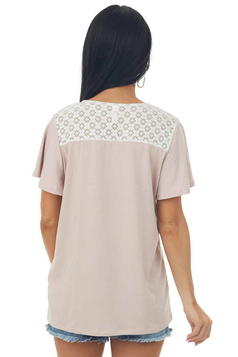 Blush Flutter Sleeve Knit Top with Contrast Lace Detail
