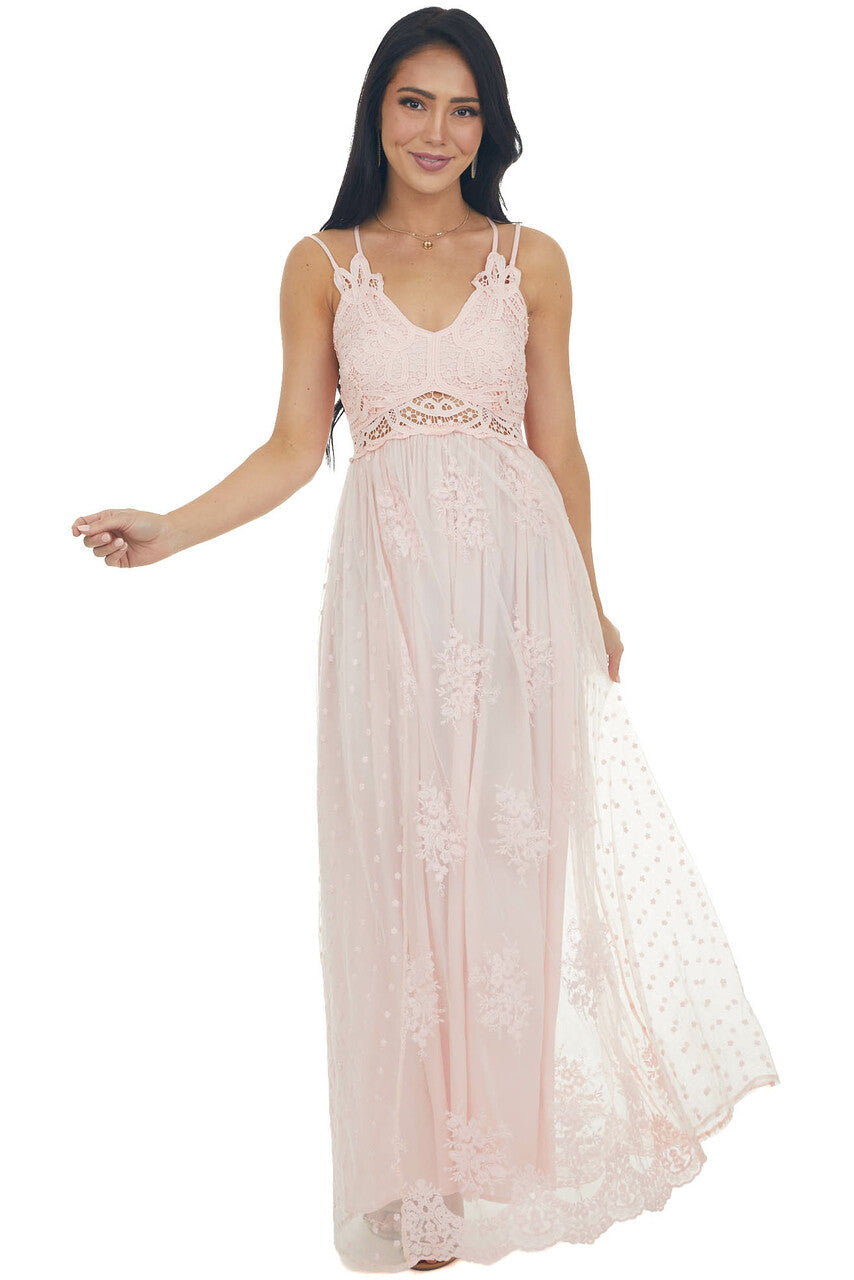 Blush Lace Sleeveless Mesh Maxi Dress