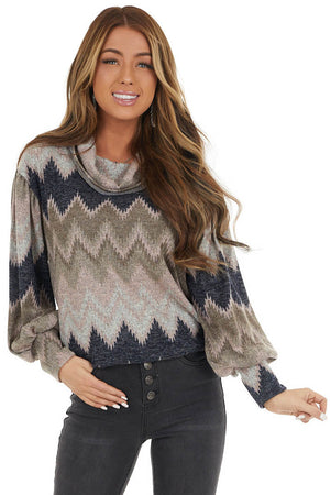 Blush Multicolor Zigzag Print Knit Top with Cowl Neck