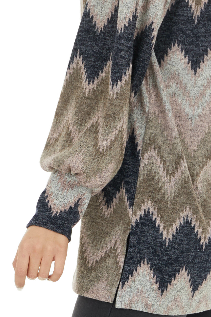 Blush Multicolor Zigzag Print Knit Top with Cowl Neck