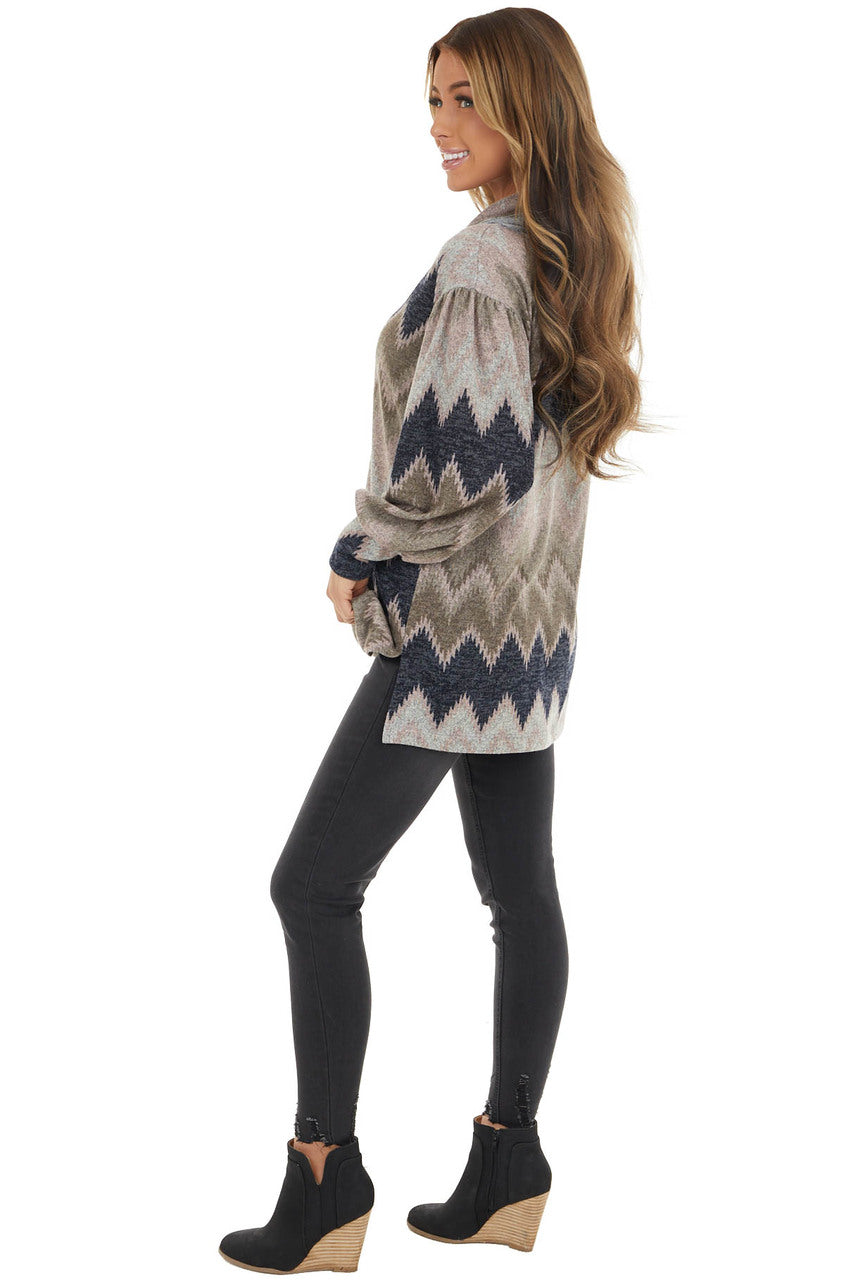 Blush Multicolor Zigzag Print Knit Top with Cowl Neck