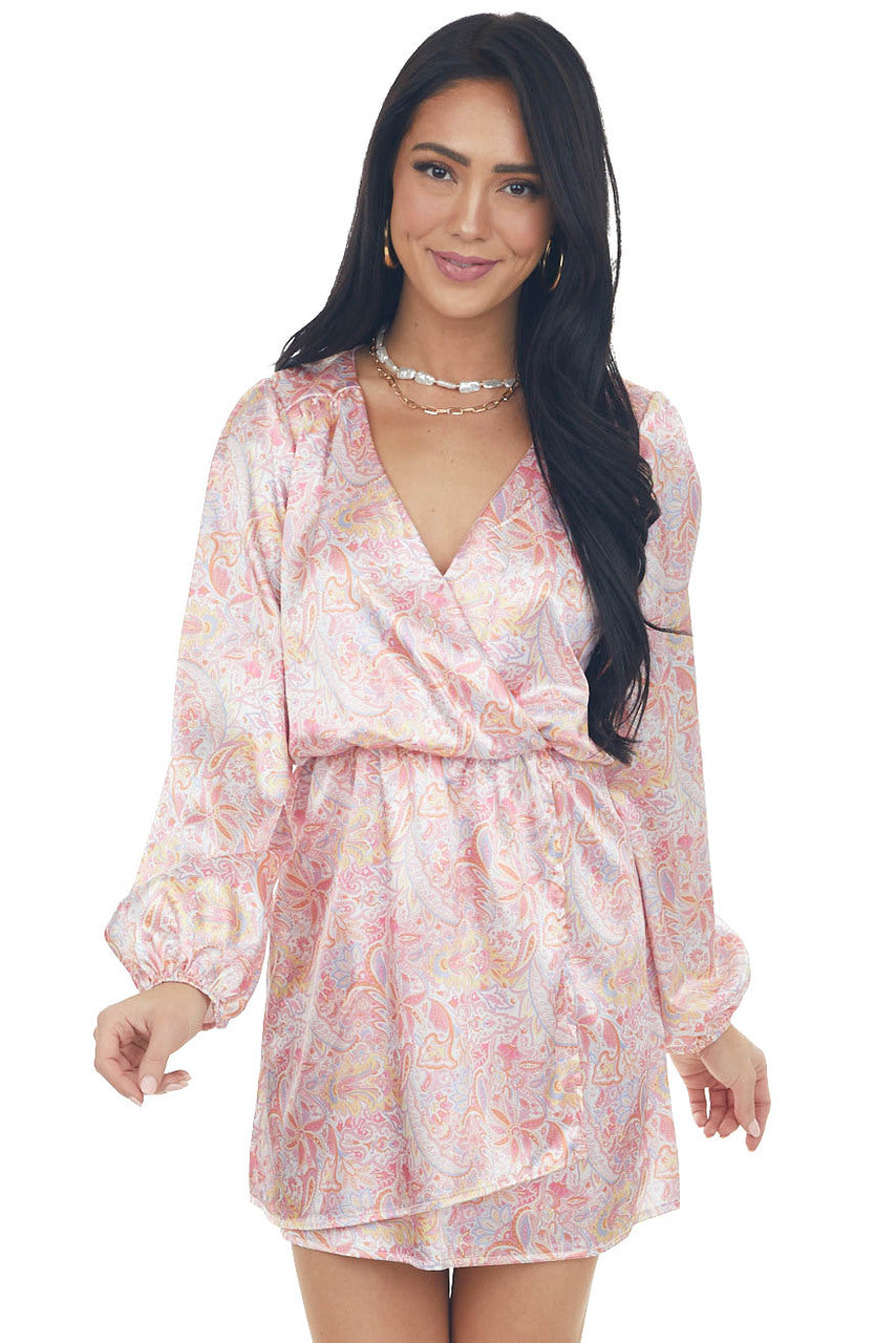 Blush Paisley Surplice V Neck Satin Dress