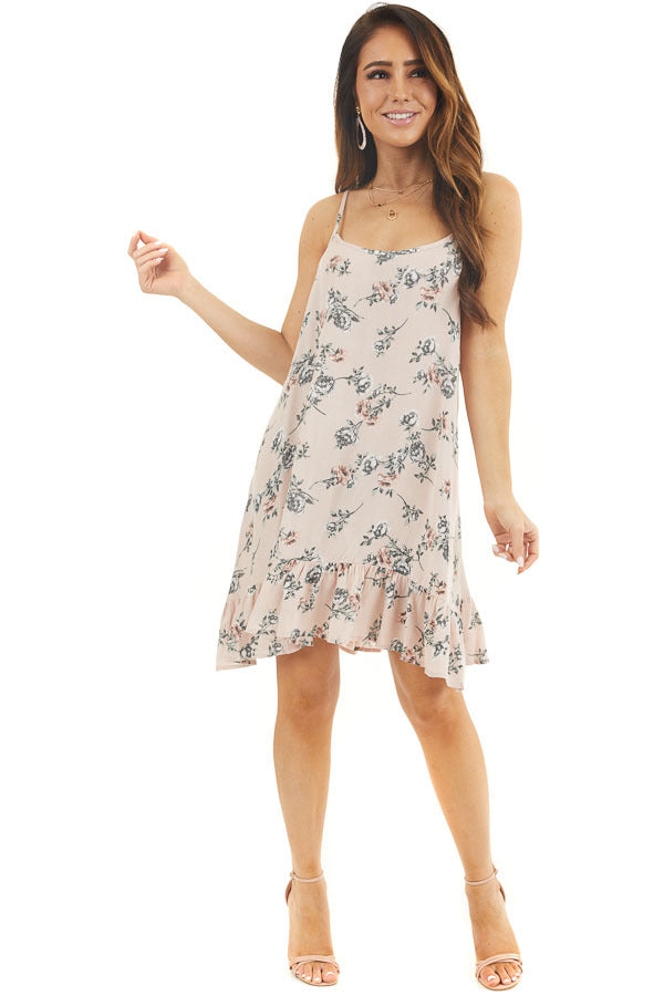 Blush Pink Floral Print Sleeveless Mini Dress with Ruffles front full body