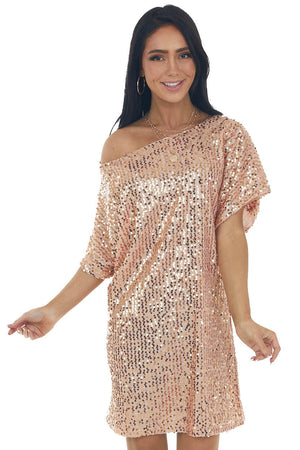 Blush Sequined Short Flowy Sleeve Shift Dress