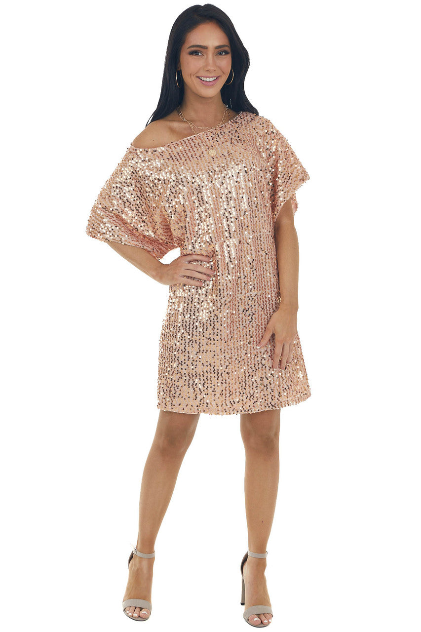 Blush Sequined Short Flowy Sleeve Shift Dress